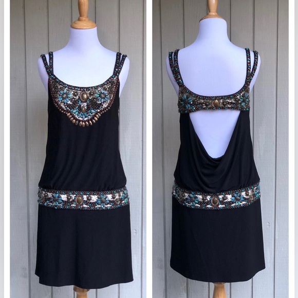 Vintage Sue Wong Beaded Sequins Cut Out Shawl Neck Dropped Waist Black Dress 4 - Picture 1 of 13